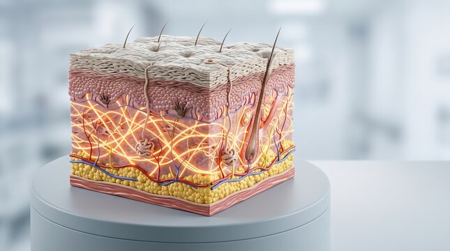 3D Cross Section Model of Human Skin Layers and Glowing Elastic Fibers