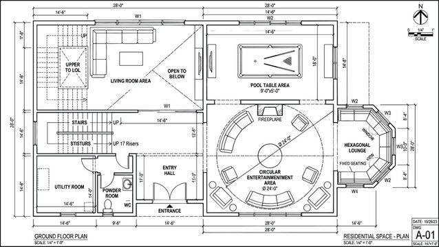Detailed residential ground floor blueprint plan vector layout showing a circular entertainment area lounge and pool table
