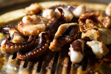 Grilling spicy octopus on hot charcoal BBQ grill netting with smoke © mnimage