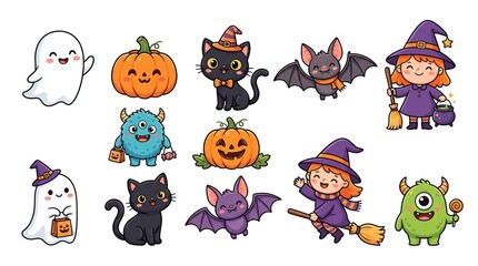Obraz premium Set of cute Halloween characters including ghosts pumpkins black cats bats and little witches