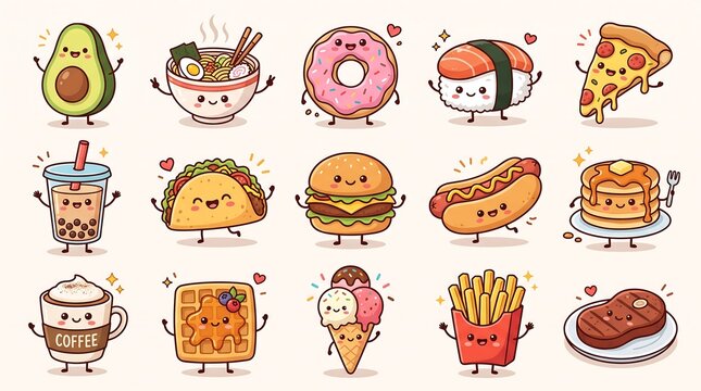 Set of cute cartoon food characters with happy faces including pizza burger and sushi