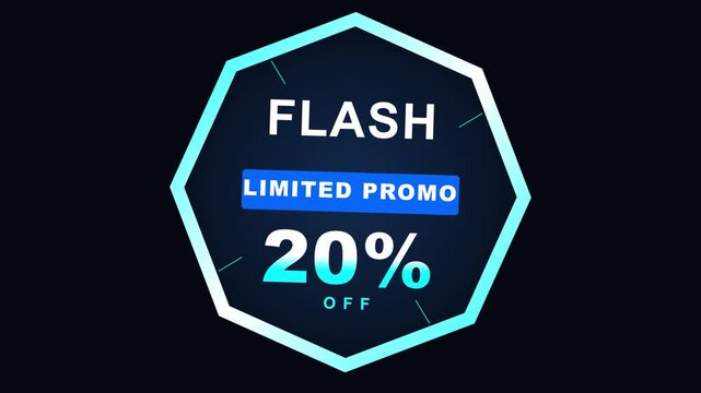 20% off sale motion. Flash sale 20% off limited promo octagonal motion graphic