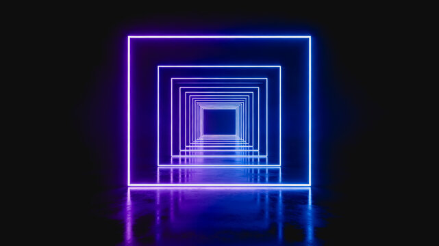 A 3D rendered abstract tunnel of nested neon rectangles glowing purple and blue, with sharp reflection on a dark surface.