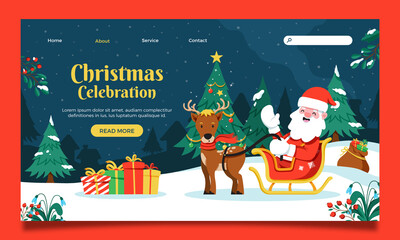 Christmas Celebration Landing Page with Santa Claus, Reindeer, Gifts and Winter Forest © VU NHU QUYNH