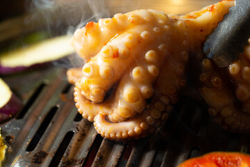 Grilling spicy octopus on hot charcoal BBQ grill netting with smoke © mnimage