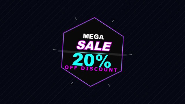 20% off sale motion. Mega sale 20 percent off discount neon hexagon animation