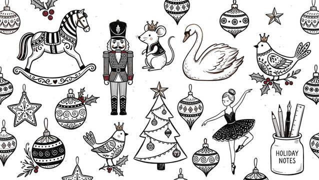 Festive Christmas holiday graphic elements set featuring retro hand drawn nutcracker ballerina rocking horse and winter ornaments vector