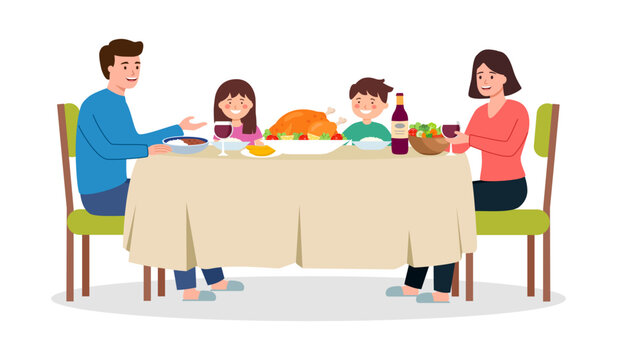 Family meal concept. Man and woman sit with children at table and eat roasted chicken with vegetables. Parents and children spend time together, enjoying eating vector illustration