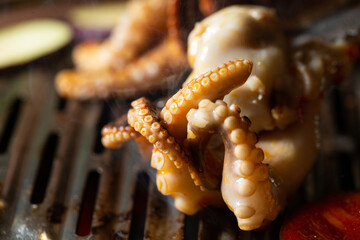 Grilling spicy octopus on hot charcoal BBQ grill netting with smoke © mnimage
