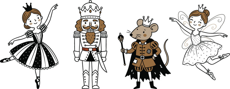 Cute hand drawn nutcracker ballet character set featuring ballerina prince soldier mouse king and sugar plum fairy vector