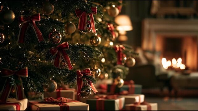 Festive holiday shoppers walking through a European city street adorned with red baubles and string lights Video.