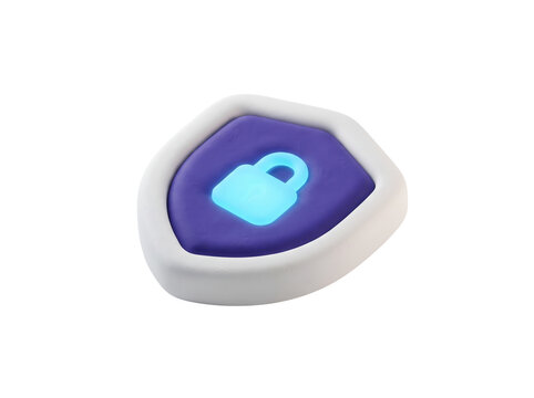 3D digital security shield render with glowing padlock icon, conveying data protection and cyber security concept for software interface design and internet safety marketing.