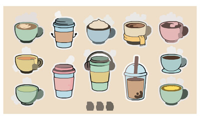 Obraz premium Cute Kawaii Coffee Cups Hot Drinks Expressive Sticker Vector Illustration Set