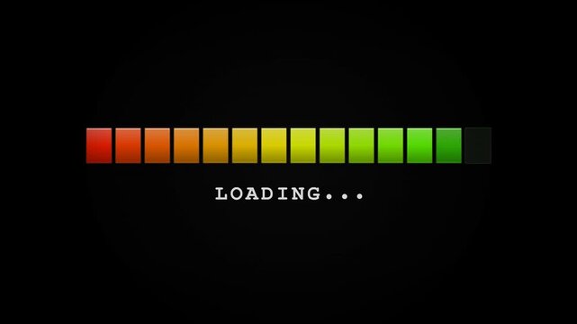 Retro LED loading interface featuring 14 illuminated segments that activate sequentially from left to right, reach full progress, then reset in reverse with a glowing LOADING indicator and animated do