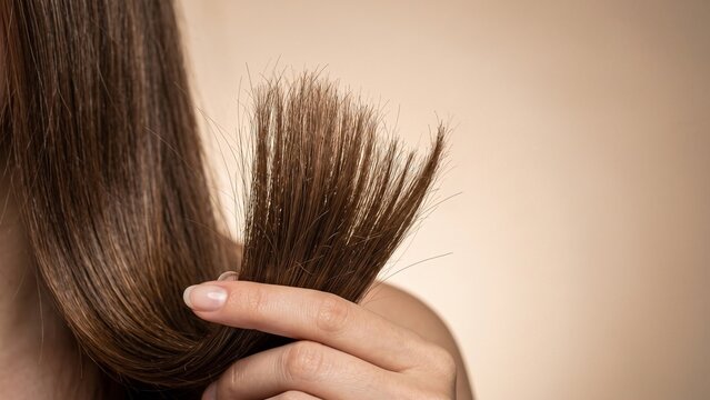 Detailed close-up of a woman holding dry uneven hair ends with visible frizz and breakage, representing damaged hair, split ends and restorative hair-care concepts.