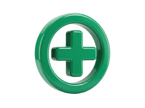 Green 3D plus sign inside a circle icon, featuring a glossy healthcare symbol and positive growth concept for medical app interface and financial progress reporting design.
