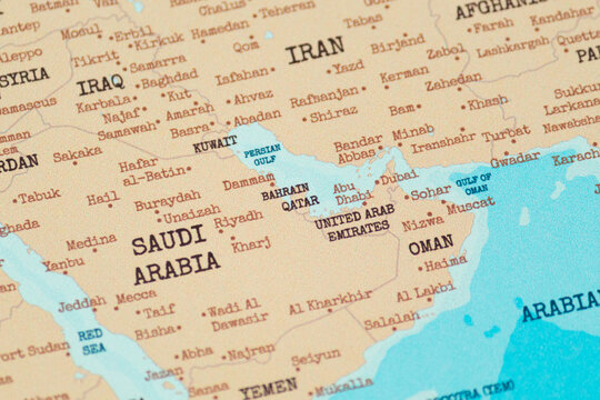 Close up view of bahrain on a vintage political world map