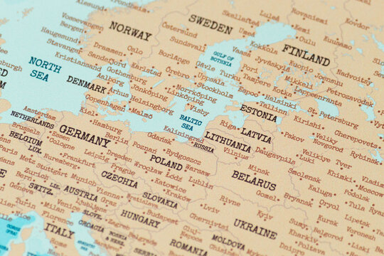 Close up view of the baltic sea region on a vintage political world map