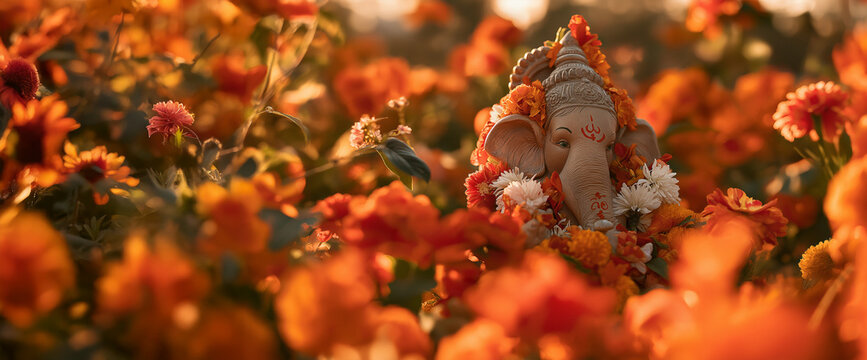 Clay Ganesha idol decorated with flowers in bright festive colors