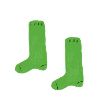 Pair of bright green crew socks illustration with hand drawn crayon texture on isolated black background