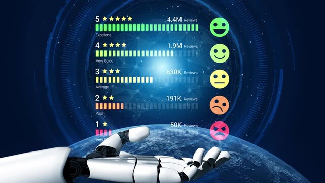 Robotic Hand Displaying Customer Review Ratings with Colorful Emojis Over a Futuristic Digital Background. Entropy.