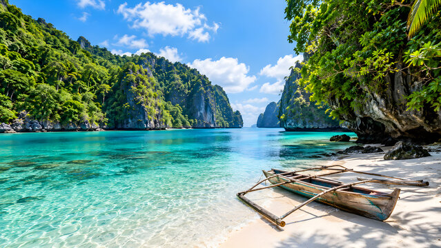 A secluded tropical lagoon with crystal clear turquoise water, white sandy beach, and a traditional wooden outrigger canoe.