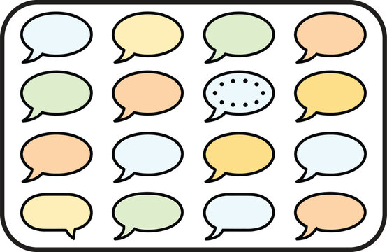 Set of sixteen colorful speech bubbles in a grid, including one dotted thought bubble, arranged on a white background, with rounded corners