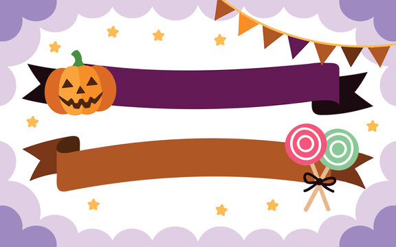 Halloween banners with jack-o'-lantern, lollipops, and bunting flags on a white background, with purple cloud borders