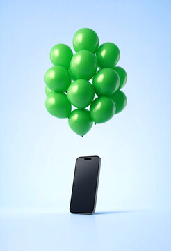 Green balloons floating above smartphone device in light setting