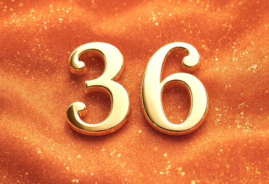 Golden Shiny Numbers Thirty Six on Textured Orange Glitter Background