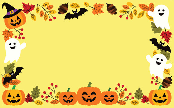 Halloween border frame with pumpkins, ghosts, bats, autumn leaves, and berries on a yellow background, flat