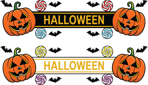 Halloween banners with jack-o'-lanterns, flying black bats, and colorful swirl lollipops, set pumpkin