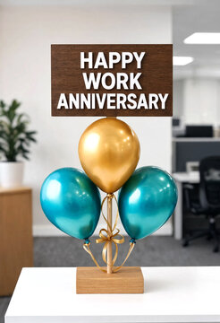 Happy Work Anniversary Balloons Display With Sign In Office Setting