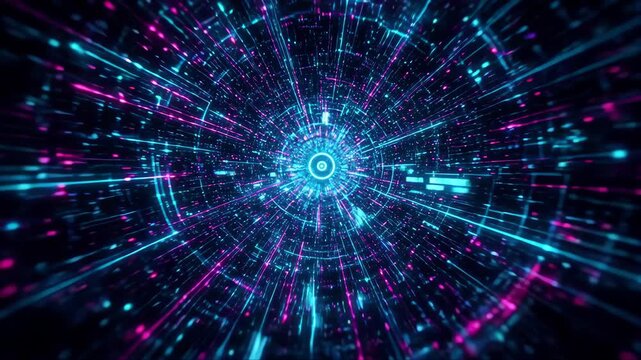 Abstract Light Data Tunnel Background with Glowing Fractal Patterns, Bright Energy and Futuristic Technology Design