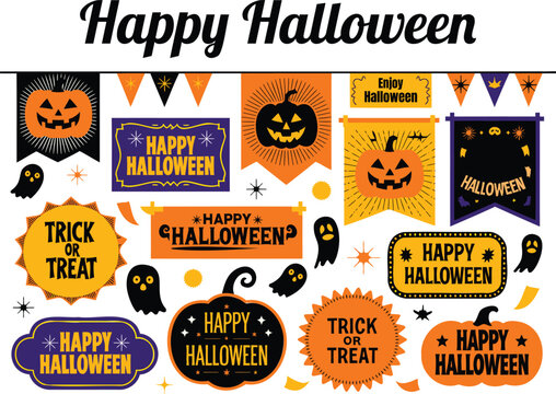 Happy halloween set with jack-o'-lanterns, ghosts, bunting flags, and text labels in orange, black, and purple colors on white background