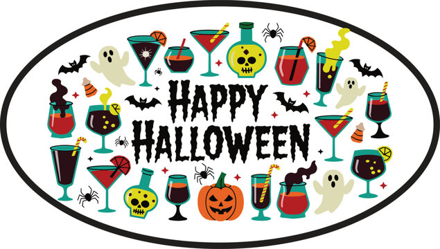 Happy halloween text surrounded by colorful cocktail glasses, potion bottles, ghosts, bats, spiders, and a jack-o'-lantern in an oval frame