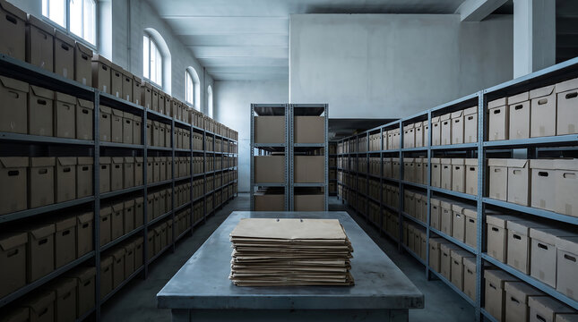 Vast Archive Room with Endless Shelves of Document Boxes, Symbolizing the Weight of Historical Records and Financial Debt Management