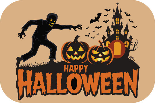 Happy halloween with silhouette zombie, jack-o'-lantern pumpkins, haunted castle, and flying bats on a tan background