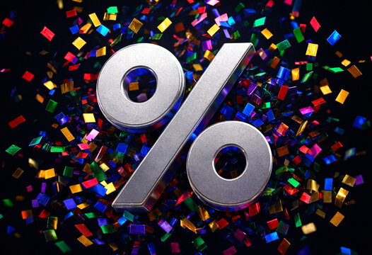 Large percentage symbol surrounded by colorful confetti celebration elements