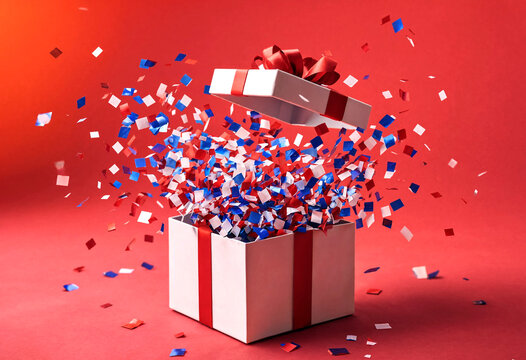Open gift box with colorful confetti bursting out celebration scene