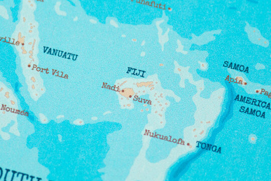 Close up view of fiji on a vintage political world map