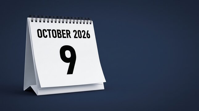 October 9 2026 calendar page on desk, white spiral flip calendar showing ninth day of October 2026, minimalist date reminder for business planning and scheduling on dark blue background
