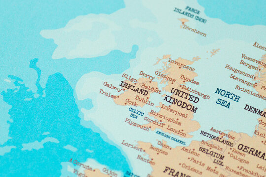 Close up view of ireland on a vintage political world map