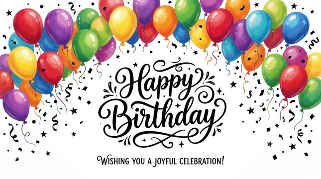 A vibrant collection of colorful balloons and celebratory birthday lettering create a joyful and festive atmosphere with scattered confetti