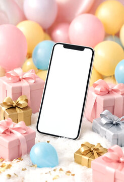 Smartphone surrounded by colorful gift boxes and festive balloons on white surface