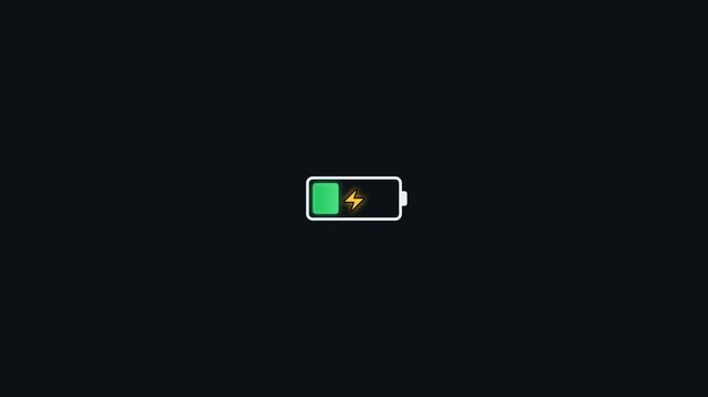 Battery charging animation with a glowing lightning icon and green power level filling the battery, representing energy, charging, electricity, and power.
