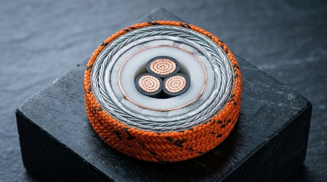 Close up of a colorful circular electrical cable end
