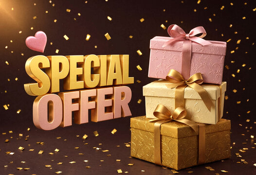 Special Offer Gift Boxes Stacked With Golden Confetti Background