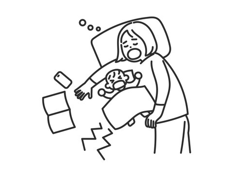 赤ちゃんの寝かしつけ　泣く赤ちゃんと寝落ちするお母さんのイラスト　線画のみ