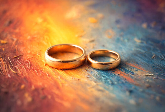 Two Gold Wedding Rings Placed On Colorful Textured Surface
